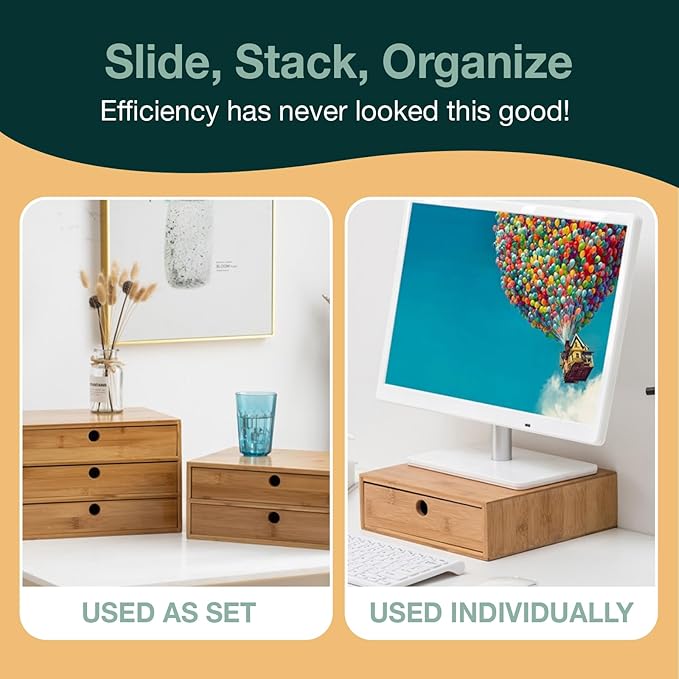 Modular Stackable Set of 3 Bamboo Organizer Desktop Drawers - 1, 2, 3 = 6 Drawers Total Storage Organizer for Desk Accessories, Office Supplies, Makeup Storage - Tabletop Wood Box Stackable Drawers - Image 4