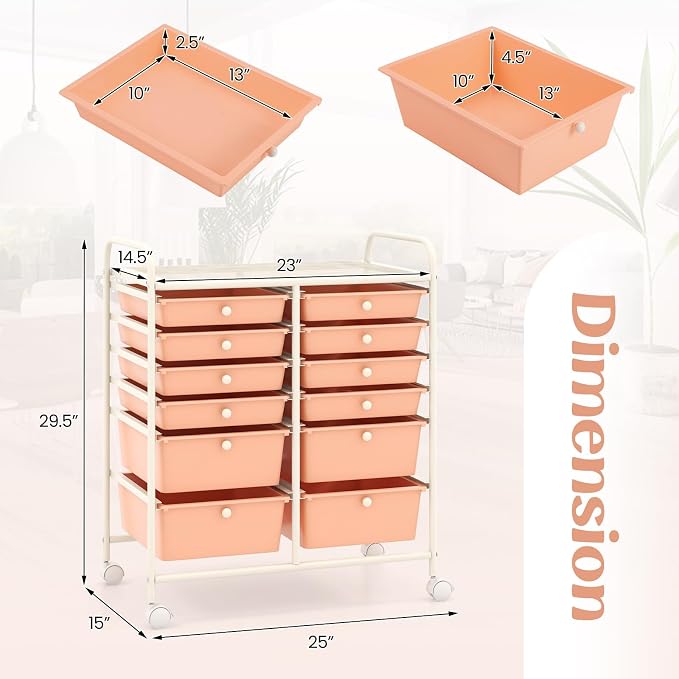 COSTWAY 12-Drawer Rolling Storage Cart, Moveable Art Craft Organizer | Lockable Wheels, Metal Shelf, Files Arrangement Tools Makeup Storage Cart for Office, Home, School (Peach) - Image 3