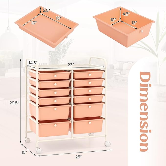GOFLAME 12-Drawer Rolling Storage Cart, Multipurpose Organizer Cart with 2 Sizes Plastic Drawers, Mobile Utility Cart with Lockable Casters for School, Home Office, Beauty Salon, Peach Fuzz - Image 3