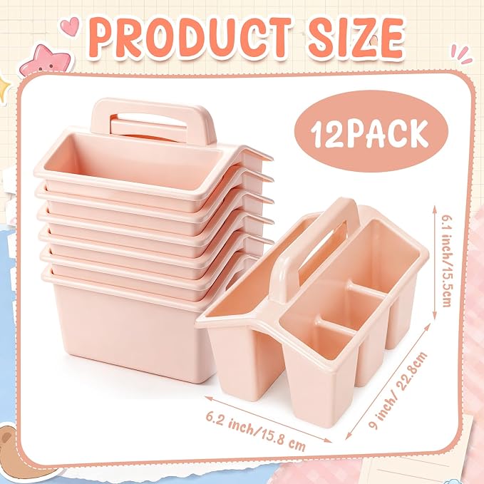WILLBOND 12 Pcs Classroom Storage Caddies Stackable Utility Caddies with 4 Compartment Plastic Caddy with Handle Portable Storage Bins Organizers for Kids Schools Art Craft Supplies(Pink) - Image 3
