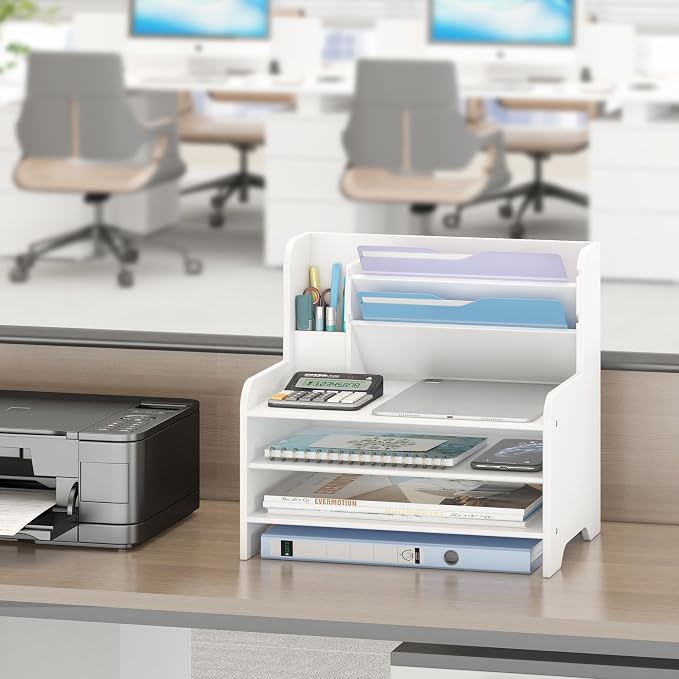 Bamboo File Organizer for Desk, Paper Tray with Pen Holder-White | Open tiers and a pen holder sort Letter/A4 paper, folders and office supplies while keeping your workspace clutter-free - Image 5