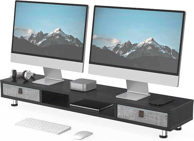 Fenge Dual Monitor Stand, 2-Tier Desk Organizer with Drawers, 42.5in, Black | Storage Fabric Drawer, Ergonomic Height Adjustable, Desk Shelf for Top of Desk, Laptop, PC, TV, Home Office Organization by Fenge