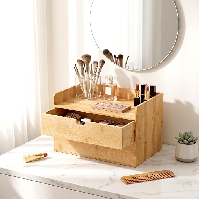 Bamboo Desk Organizer with Drawers, Desktop Storage for Office Supplies | 3 Drawers Desktop organizer, No Assembly Required, Natural Wood Wooden Desktop Drawers Box for Bills, Cosmetics, Seals, Paper - Image 6