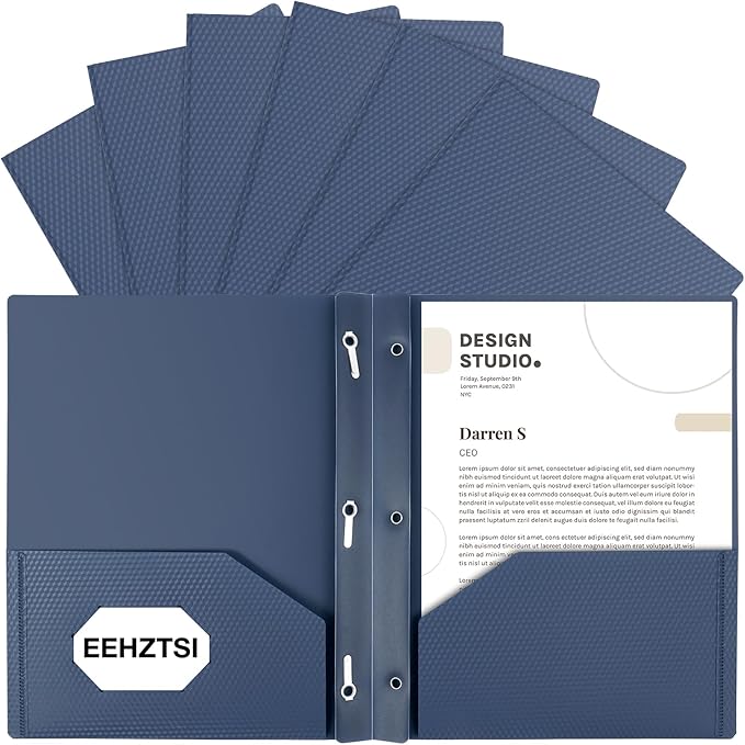 12-Pack Plastic Folders with Pockets and Prongs,2-Pocket Folders with 3 Fasteners, Poly Folders Holds 8-1/2" x 11" Paper for School/Office/Home, Blue by EEHZTSIOFFICE