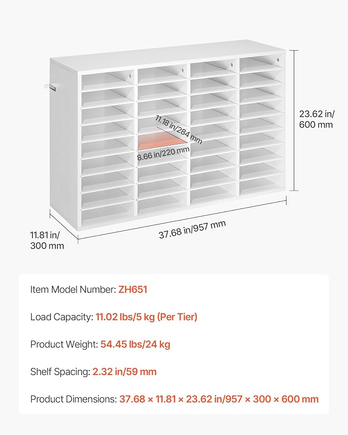 VEVOR Literature Organizer, 36 Compartments Office Mailbox with Detachable Shelves, Wooden Mailbox Sorter with Particle Board, Countertop Office Home Storage Organizer for File, Document, Paper, White - Image 7