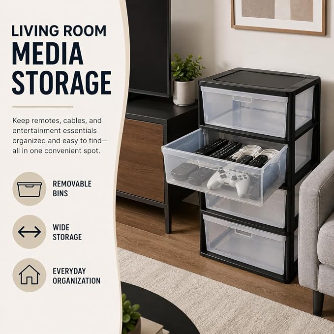 2PCS,4-Drawer Storage Tower, Plastic Organizer with Clear Removable Bins | Clear Removable Bins, Tool-Free Assembly, Integrated Carry Handles, Drawer Stops, BPA-Free Plastic, 4-Drawer Capacity - Image 5