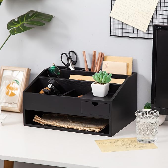Wood Desk Drawer Organizers with File Organizer Pen holder Office Decor combo for Desk Organization Home can arrange office supplies such as calculators scissors pens note papers, etc. (black) - Image 5