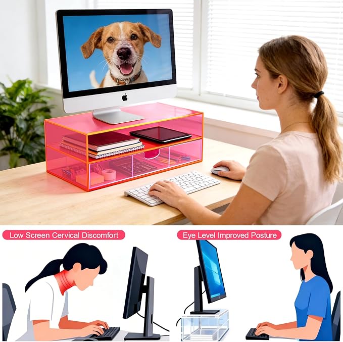 Gelite Acrylic Computer Monitor Stand for Desk Monitor Riser with Drawer Desktop Monitor Shelf with Storage, Neon Pink - Image 3