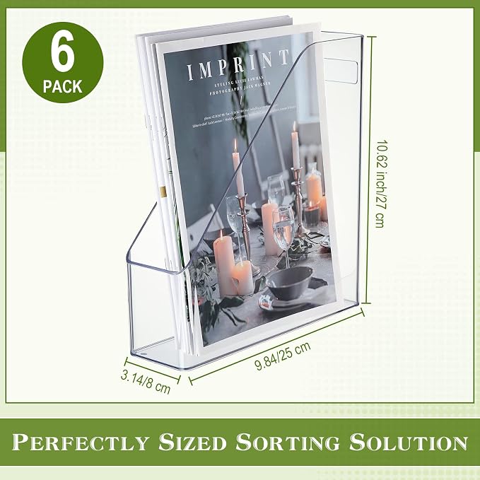 6 Pcs Clear Acrylic Magazine File Holder Plastic Desk Organizer with Handle Basics Vertical Magazine Rack Desk Folder Document Storage Organizer for Home Office School Work Study Desktop Supplies - Image 2