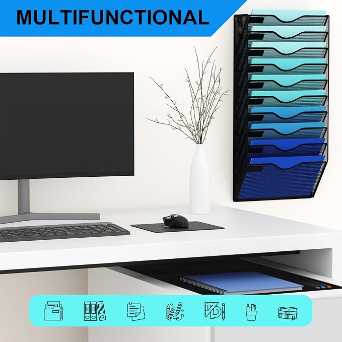 10 Pockets Hanging Wall File Organizer Mail Holder, Wall Mounted Paper Document Folder Holder, Clipboard Storage Organization Magazine Rack, Black - Image 6