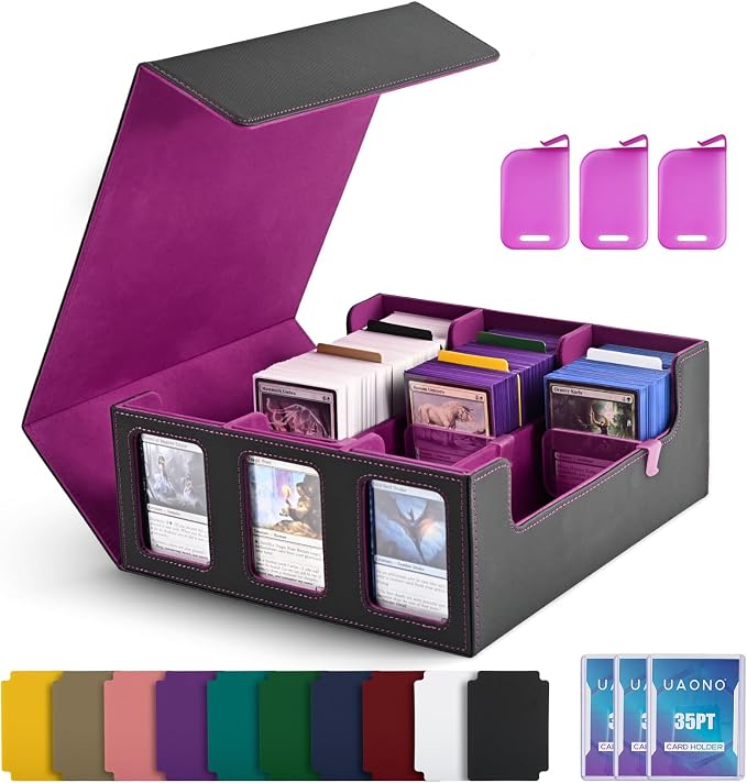 UAONO 3-Row Trading Card Storage Box with Commander Display, Black Purple | 1800+ Commander Deck Box for MTG, Bulk Card Case Fits Magic TCG PTCG Sports Cards, 10 Dividers & 3 Stoppers by UAONO