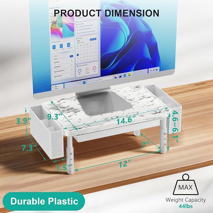 WALI Computer Monitor Stand with Storage, Desk Organizer with Drawer and Pen Holder, Desk Monitor Riser 3 Height Adjustable, Laptop Riser for Computer, Laptop, Printer(PTT003-M), 1 Pack, Marble - Image 2