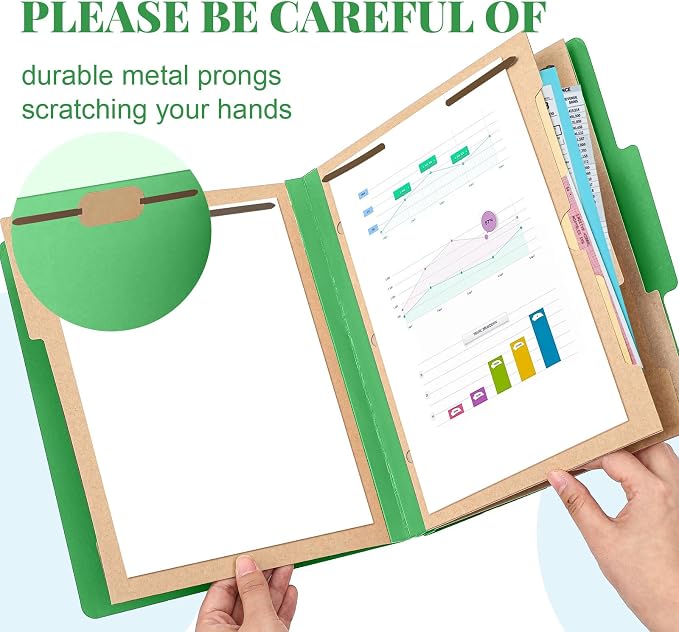 Skyygemm 12 Pcs Classification Folders 3 Pocket Dividers Letter Size Employee File Folder with 2 Prong Fasteners 2 in Expansion Pressboard Medical Document Organizers Bulk for School Office(Green) - Image 3