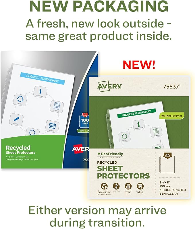 Avery EcoFriendly Recycled Economy Sheet Protectors, Semi-Clear, Top Load, 100 Document Protectors (75537) (Pack of 5) - Image 2
