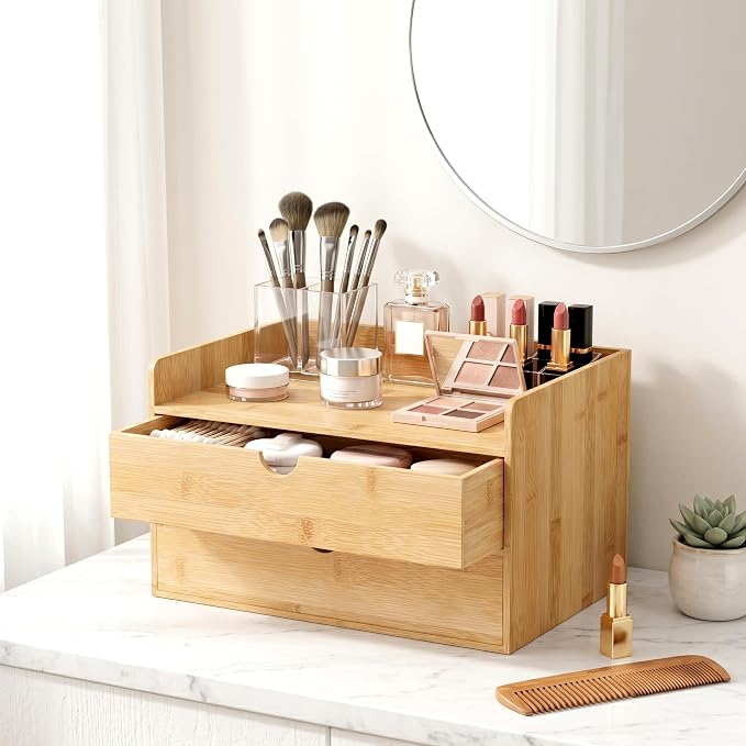 Bamboo Desk Organizer with Drawers, Desktop Storage for Office Supplies | 2 Drawers Desktop organizer, No Assembly Required, Natural Wood Wooden Desktop Drawers Box for Bills, Cosmetics, Seals, Paper - Image 7