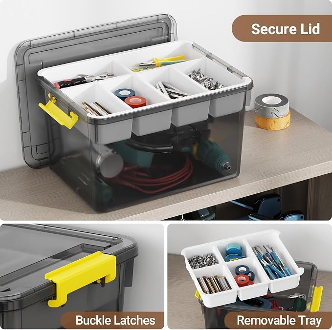 80Qt Stackable Storage Bins with Lids Trays Craft Box Organizers, 2Pack, GY | Clear Plastic Latching Boxes Organizers with Dividers Portable Containers for Arts & Crafts, Home Office Classroom Car Trunk - Image 4