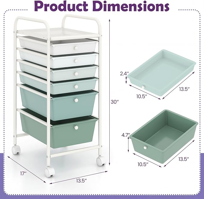 COSTWAY 6-Drawer Rolling Storage Cart, Art Craft Tools Organizer on Wheels | Multifunctional Heavy Duty Utility Mobile Storage Trolley w/ 2 Lockable Wheels for Home Office School (Green Gradient) - Image 3