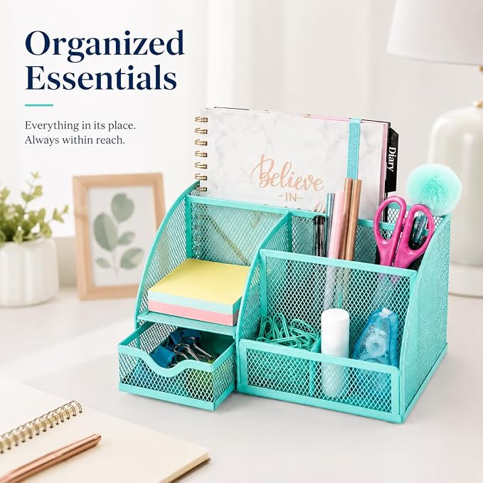 Exerz Desk Organizer 7 Compartments Metal Mesh Pen Holder Turquoise | Fresh Desktop Storage for Notes Clips Scissors Rulers Craft Tools Makeup Study Supplies and Home Use - Image 6