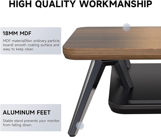 Fenge Dual Monitor Stand Riser, Wooden Desk Shelf with 2-Tier Storage | 42.5-Inch Wide, Sturdy Aluminum Legs, Built-In Phone & Tablet Slot, Desktop Organizer for Office Accessories - Image 4