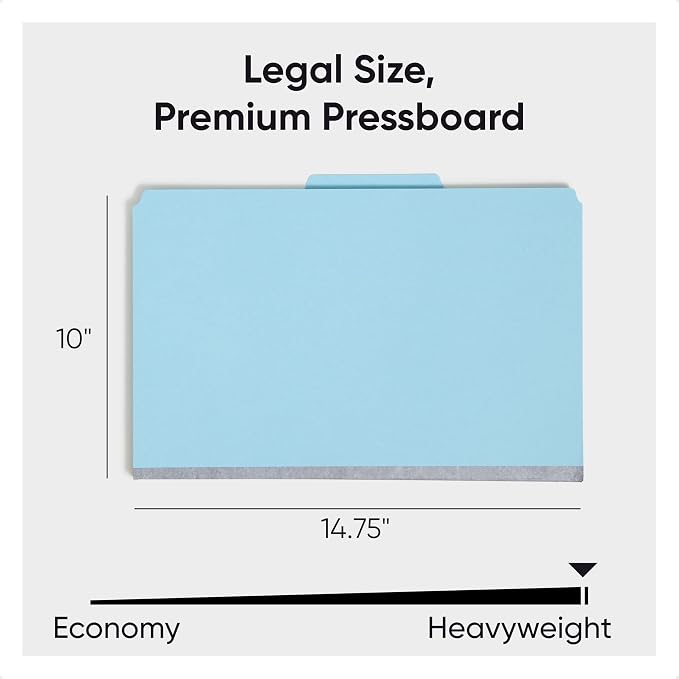 Smead Pressboard Legal Size File Folders with SafeSHIELD Fasteners, 2 Dividers, 2" Expansion, Office Folders, Paper Holder, Blue, 10 per Box (19030) - Image 5