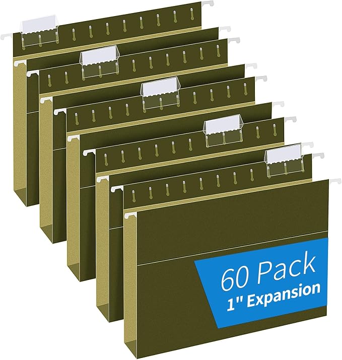 Extra Capacity Hanging File Folders, RAZCC 60 Pack Letter Size Reinforced Hanging Folders with Heavy Duty 1 Inch Expansion for Bulky Files, Filing Cabinet, Adjustable Tabs, Green by RAZCC
