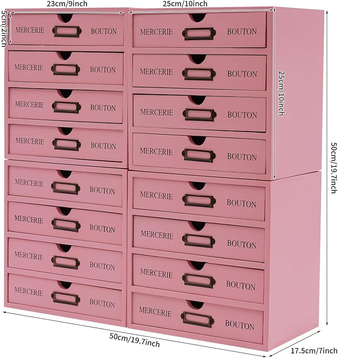 4PCS Vintage Wooden Drawer Organizer, 16-Drawer Stackable Storage Cabinet | Solid Pine Wood | 4-Tier | 35 Lbs Capacity | Iron Label Holders | Fully Assembled | For Office, Home, Craft Room (Pink) - Image 3