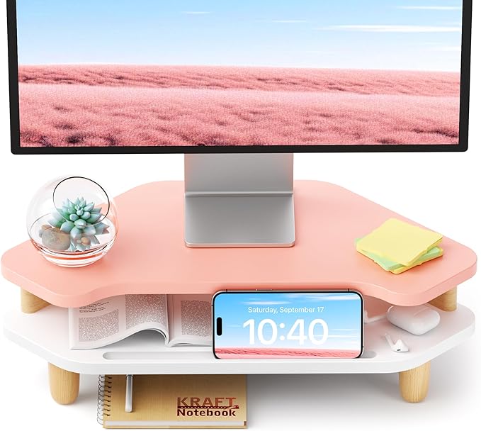AFOOYO Monitor Stand Riser,2 Tier Corner Wood Sturdy 16.5In Computer Stand, Multi-Purpose Desktop Storage Stand for Laptop,PC,iMac,Printer,Computer,Pink by AFOOYO