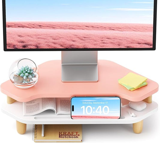 AFOOYO Monitor Stand Riser,2 Tier Corner Wood Sturdy 16.5In Computer Stand, Multi-Purpose Desktop Storage Stand for Laptop,PC,iMac,Printer,Computer,Pink by AFOOYO