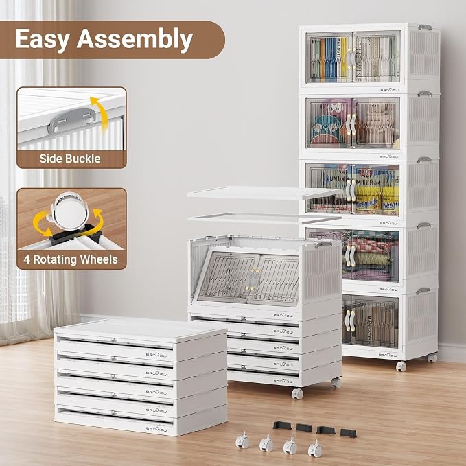 BROVIEW 480Qt Stackable Storage Bins with Lids, Extra Large Closet Organizer Collapsible Drawer Boxes with Wheels, Folding Plastic Cabinet Containers for Home Kitchen Room Organization, 4Pack White - Image 7