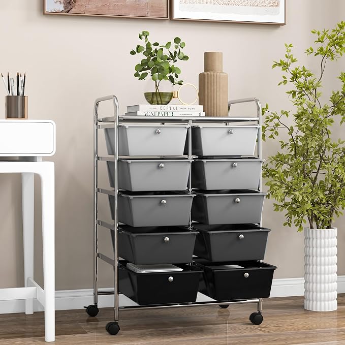 COSTWAY 10 Drawer Rolling Storage Cart, Utility Cart with Lockable Wheels | Mobile Art Supply Craft Organizer with Metal Frame, Multipurpose Drawer Cart for Paper for Office, School, Mixed Black - Image 9