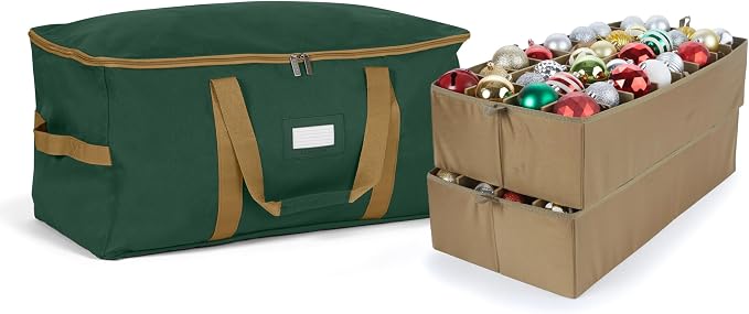Covermates Keepsakes Adjustable Ornament Storage Bag – Heavy-Duty Polyester, Padded Dividers & FlexGrid Trays – Protective Holiday Ornament Organizer with Handles & Label Window, Green by Covermates