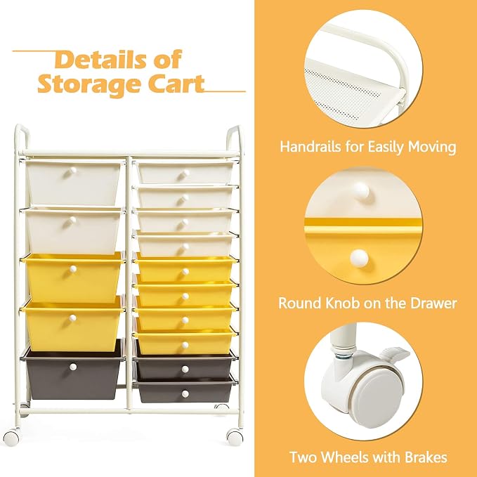 DORTALA 15-Drawer Rolling Storage Cart with Drawers, Rolling Utility Cart w/Removable Drawers & Universal Wheels, Tools Scrapbook Paper Organizer for School, Office, Home, Classroom (Yellow) - Image 7