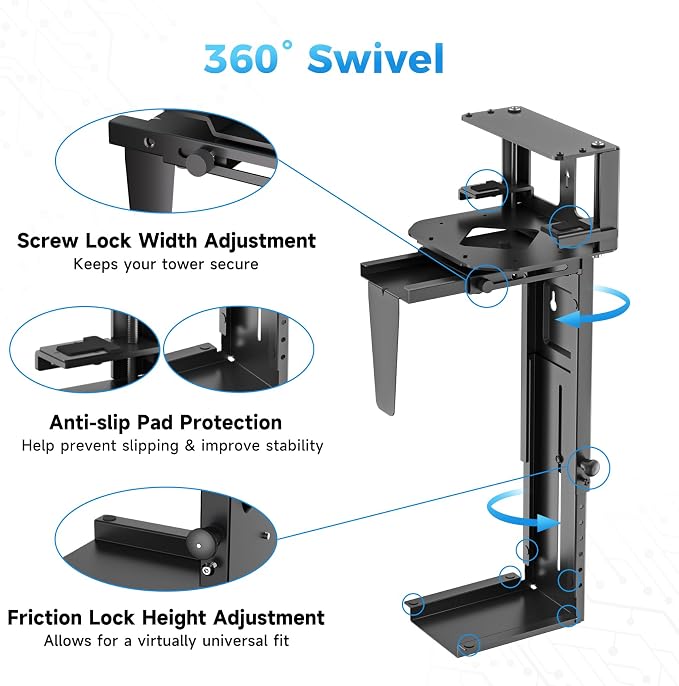Suptek Clamp-on Desk or Desk Leg PC Mount,Adjustable Height and Width,CPU Under Desk Table Beam PC Mount Bracket Computer Tower Wall and Under Counter Holder - Image 6