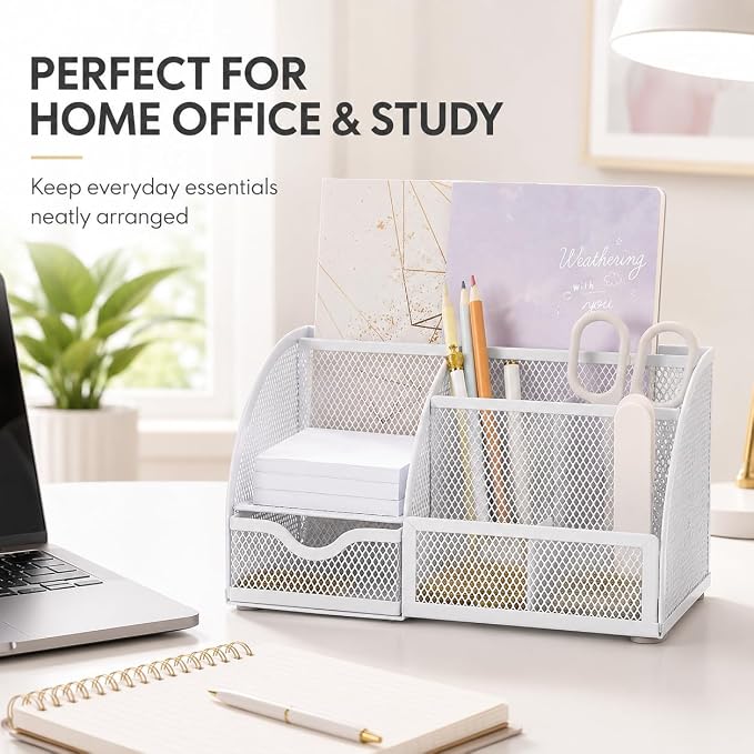 Exerz Desk Organizer 7 Compartments Metal Mesh Pen Holder Caddy White | Compact White Desktop Storage for Notes Clips Scissors Rulers Craft Tools Makeup Study and Home Use - Image 7
