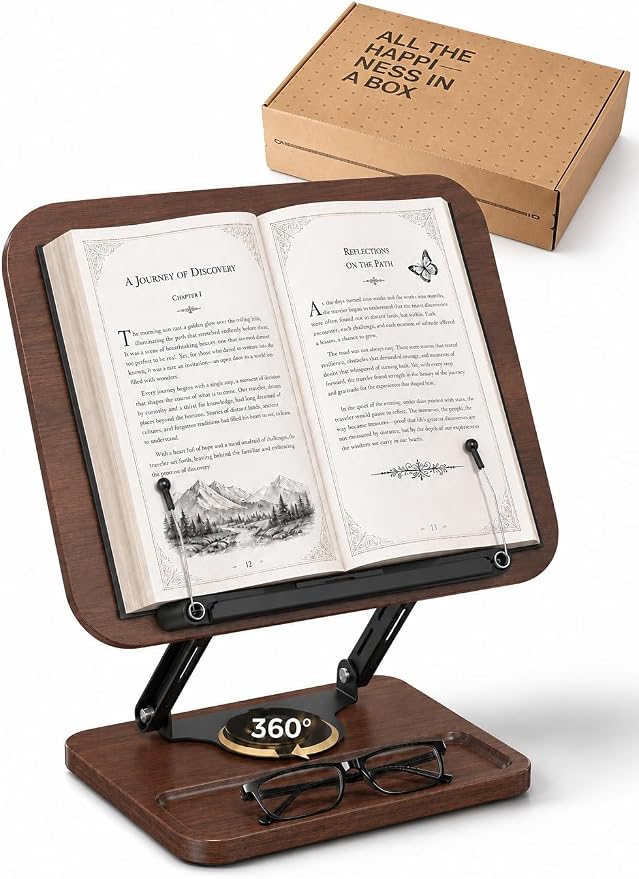 Adjustable Book Stand, Book Holders for Reading Hands Free | Ergonomic Stand for Cookbooks, Bibles, Laptops & Tablets with Page Clips and 360° Rotation by Unknown