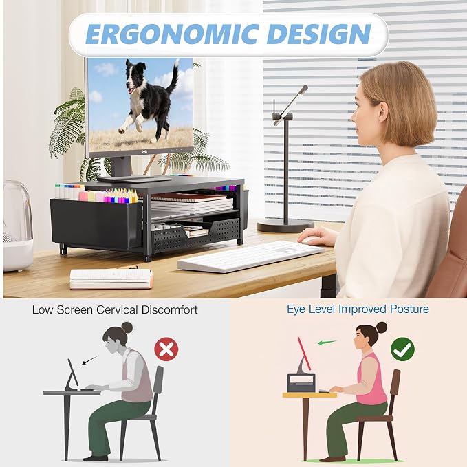 Desk Organizers and Accessories, Computer Monitor Stand Riser with Drawer and 2 Pen Holders, Printer & Laptop Stand, Office Desk Accessories & Workspace Organizers for Home Office Supplies, Black - Image 2