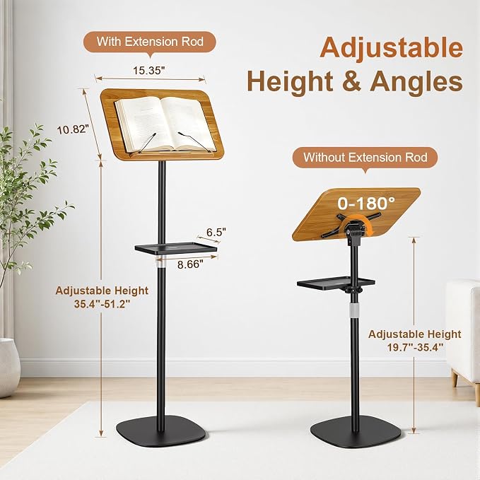 2-in-1 Floor & Desktop Music Book Stand, Adjustable Height 19.7-51.2 in | Dual-use Detachable Reading Stand, Features Storage Tray and Page Clips for Sheet Music, Laptops & Cookbooks - Image 3