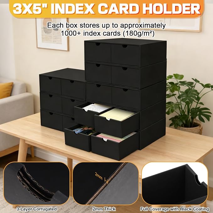 8 Packs Index Cards Box,3x5 Index Card Holder with Lid,2-Compartment,Hold 16000 Cards,Black Recipe Holder for 3''x5'' Notecard Recipe Flashcard Card - Image 3
