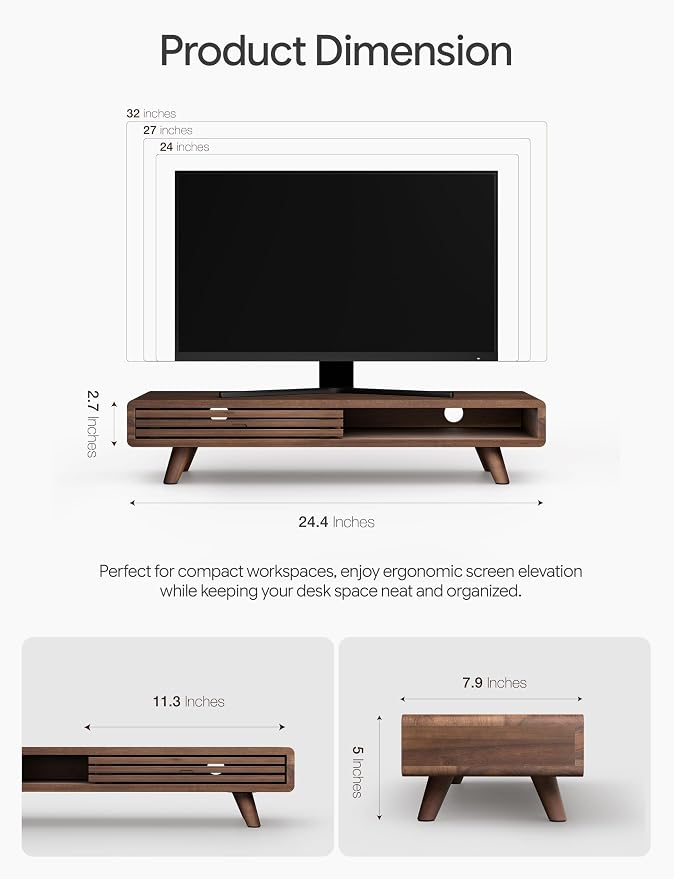 Tinamo 24" Wooden Monitor Stand Riser with Storage Organizer, Walnut Color | Acacia Wood, Sliding Door, Cable Management, Fits up to 32" Monitors, Multi-purpose Storage, Used for Computer, Laptop, TV - Image 2