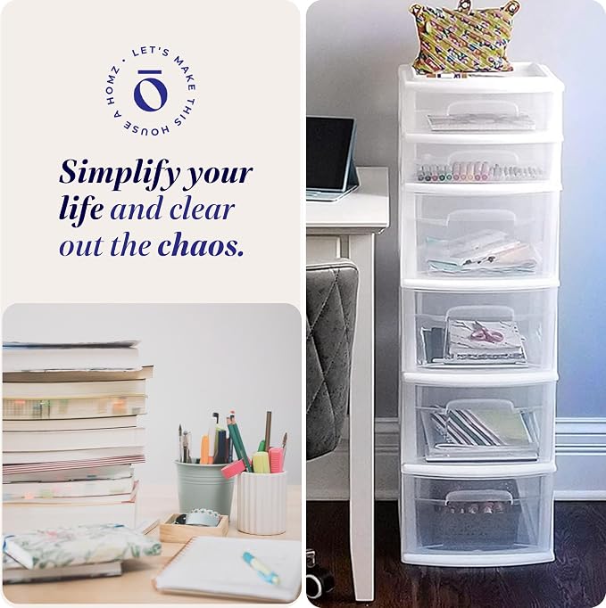 HOMZ Drawer Tower, 6-Tier Storage Cart with Removable Wheels, White Frame | Plastic Organizer with Clear Bin Drawers for Bedroom, Bathroom, Home Office, and Dorm Rooms - Image 7