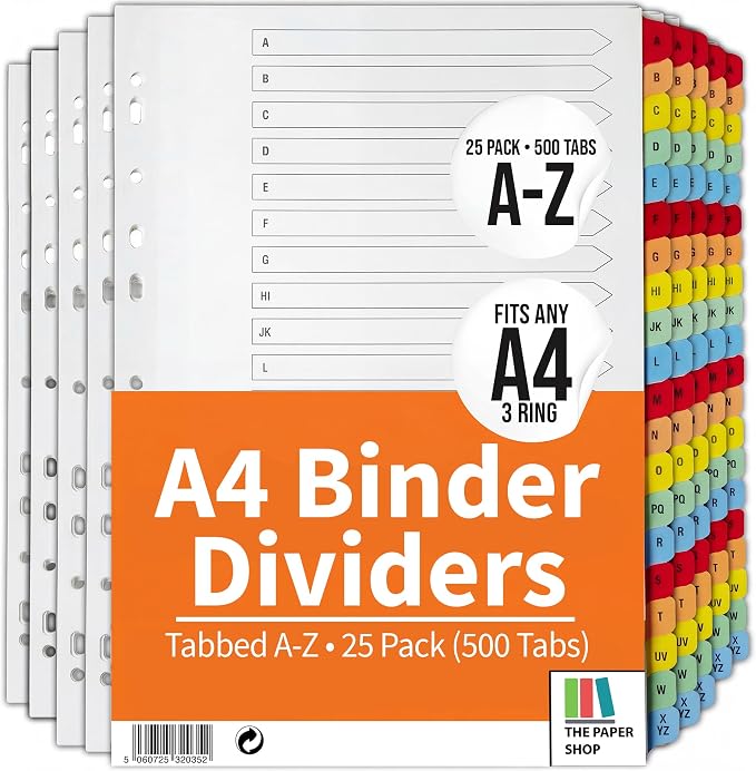 The Paper Shop A-Z Dividers for 3 Ring Binder - A4 (25 Pack) | Alphabet Binder Dividers with Tabs for Office School & Classroom | A-Z Alphabetical Index Tabs 150gsm | Bulk Colour-Coded 25-Pack by ThePaperShop
