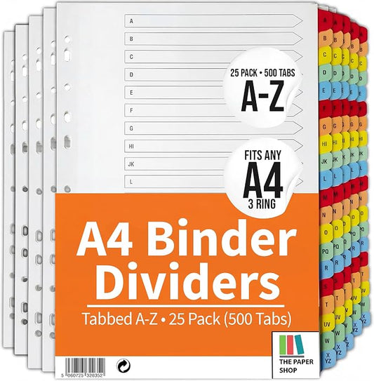 The Paper Shop A-Z Dividers for 3 Ring Binder - A4 (25 Pack) | Alphabet Binder Dividers with Tabs for Office School & Classroom | A-Z Alphabetical Index Tabs 150gsm | Bulk Colour-Coded 25-Pack by ThePaperShop