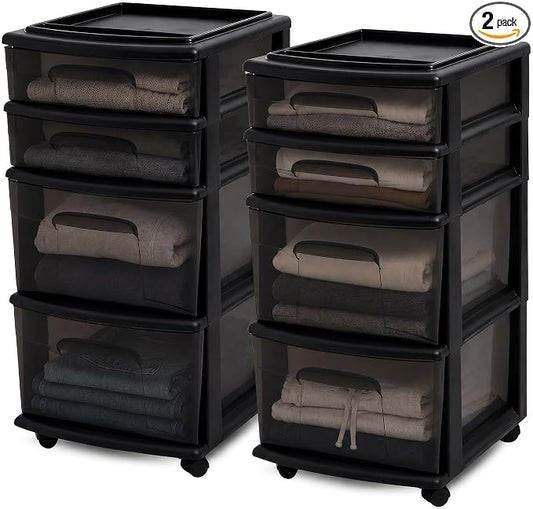 HOMZ 2-Pack Drawer Tower, 4-Tier Clear Plastic Storage Organizer Cart, Black Tint and Frame - Organizing Containers with Wheels for Home, Bathroom, Bedroom, Office, and Classroom by Homz