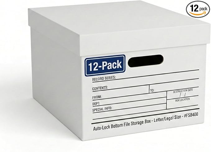 BOX USA Boxes with Lids and Handles (12-Pack) - File Storage Boxes for Office Supplies, Book Storage, Moving, and Packaging by BOXUSA