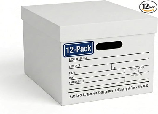 BOX USA Boxes with Lids and Handles (12-Pack) - File Storage Boxes for Office Supplies, Book Storage, Moving, and Packaging by BOXUSA