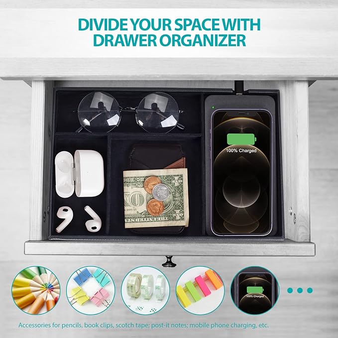 Valet Tray, Built in Wireless Charging Pad, Nightstand Organizer, Dresser Organizer, Mens Jewelry Box, Valet Charging Station, Faux Leather Valet Tray for Men and Women, (Black) - Image 6