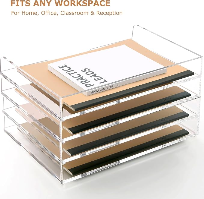 Acrylic Desk Organizer, Stackable Paper Organizer Letter Tray 4-Tier Clear | Enlarged File Organizer for Documents, Files, Letters, A4 Paper, Books, Notes, Mail & Paper Storage, Office Classroom Home - Image 5