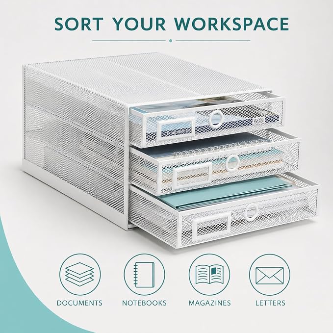 Exerz Paper Sorter 3 Drawer Wire Mesh A4 / Desk Multifunctional Desk Organiser/Multi-Layer Letter Tray - for Documents, Magazines, Notebooks and Letter (White) | Desk Organiser Pull Out Trays Keep Files Letters Magazines Folders Notebooks Neatly Separa... - Image 7