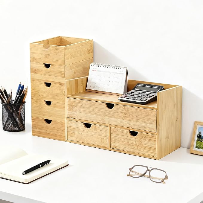 Desk Organizer with Drawers - Bamboo Desktop Organizer for Office Home Makeup Vanity Shelf, Stackable Storage Drawers Box for Desk Organization, No Assembly Required - Image 4