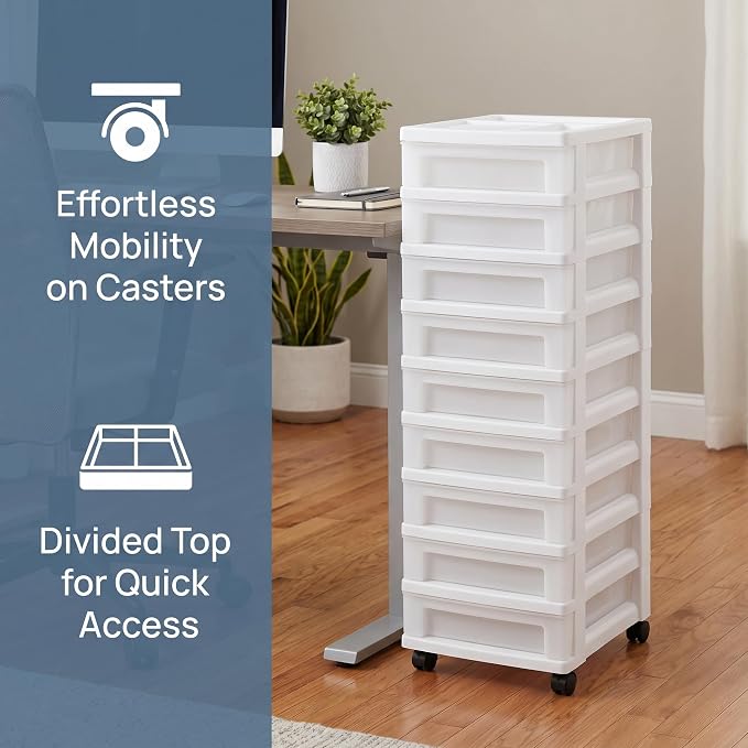 9-Drawer Slim Plastic Storage Cart with Divided Organizer Top, Mobile Rolling Storage Unit on Casters for Office, Bedroom, Craft Room, White (14.4”L x 12.2”W x 37.9”H) - Image 3